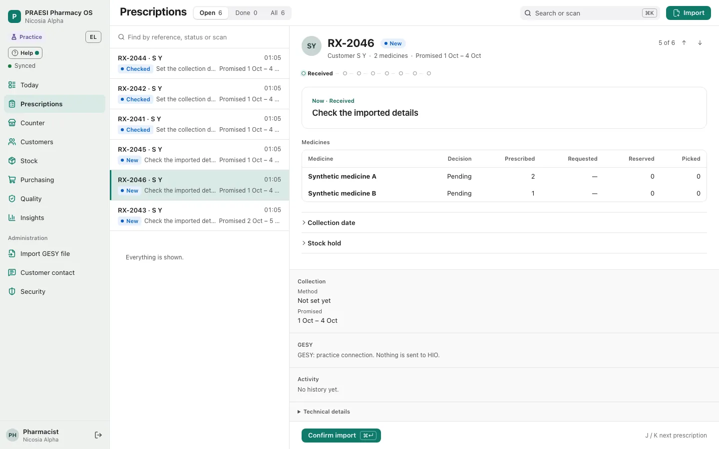 The Prescriptions screen with practice data: six fictional prescriptions in a list, and prescription RX-2046 open showing two synthetic medicines, the progress steps and the next action, check the imported details.